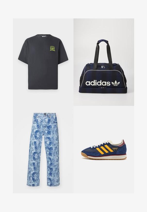 Kullgrå Adidas t-skjorte med korte ermer og en liten neongrønn grafikk av høyttalere, sol og Adidas-logo på venstre bryst.; Blå denim bukser med et mønster i mørkere blåt, med en lige pasform, fem lommestil og knaplukning.; Marineblå suede sneakers med gule striper, hvite lisser og burgunder detaljer. Teksturert såle med spor for grep. Merkevarenlogo på siden.; Marine duffelveske med hvitt Adidas-logo, med glidelås i toppen, to solide svarte håndtak og sidelommer i mesh. Glatt stoffstruktur.