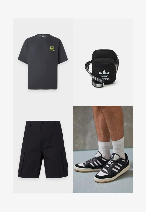 Kullgrå Adidas t-skjorte med korte ermer og en liten neongrønn grafikk av høyttalere, sol og Adidas-logo på venstre bryst.; Sorte cargo shorts i svart med rak kutt, laget av slitesterkt stoff. Har to sidelommer og knappelukking.; Sorte og hvite sneakers med overdel i semsket skinn og lær, med tre hvite striper, perforert tå og en såle av gummi.; Svart stoff crossbody veske med glidelås, med en hvit Adidas-logo og enstripet justerbar stropp for enkel bæring.