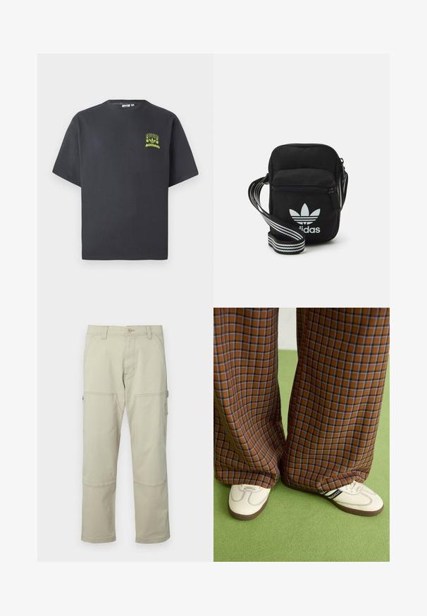 T-shirt Adidas de cor cinza carvão com mangas curtas e um pequeno gráfico em neon verde de altifalantes, sol e o logo da Adidas no lado esquerdo do peito.; Calças cargo bege em algodão, com múltiplos bolsos, joelhos reforçados e pernas retas. Apresenta um fecho de botão e passantes para cinto.; Calças largas em padrão xadrez castanho e azul, combinadas com sapatos brancos com detalhes pretos e solas texturizadas, contra um fundo verde.; Sacolinha transversal de tecido preto com fecho de zíper, apresentando um logo da Adidas em branco e uma alça ajustável listrada para facilitar o transporte.