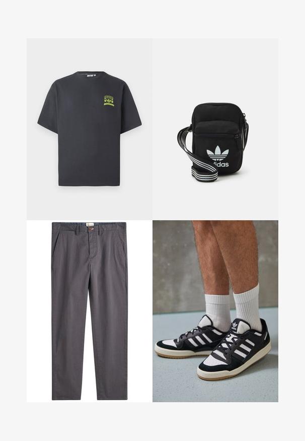 T-shirt Adidas gris charbon à manches courtes avec un petit graphique néon vert représentant des haut-parleurs, un soleil et le logo Adidas sur la poitrine gauche.; Pantalons en coton gris avec une coupe droite, fermeture à bouton et poches latérales. Texture lisse avec de subtiles détails de couture.; Baskets noir et blanc avec une tige en suède et cuir, comportant trois rayures blanches, un bout perforé et une semelle en caoutchouc gum.; Sac bandoulière noir en tissu avec fermeture éclair, arborant un logo Adidas blanc et une sangle réglable rayée pour un port facile.