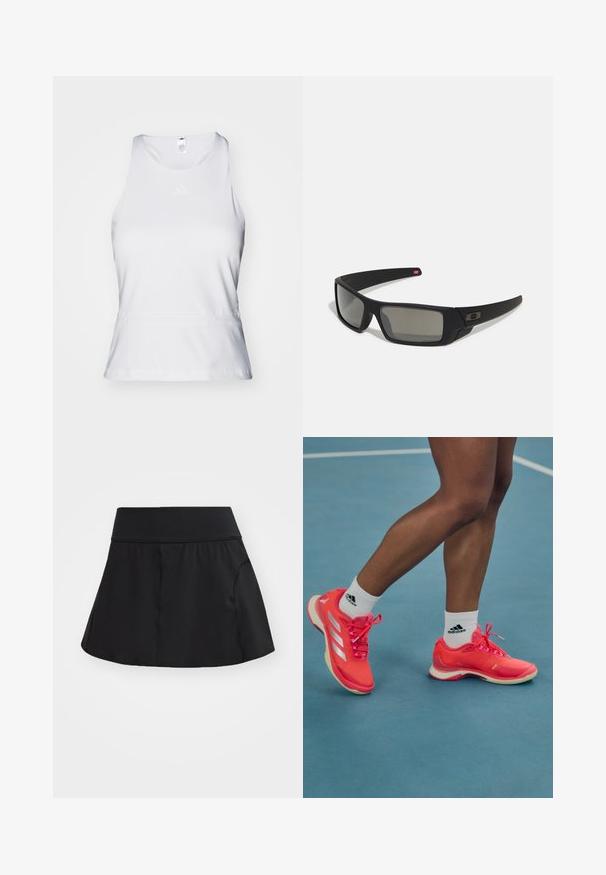 Bela brezrokavna atletska majica s krožnim izrezom, gladko teksturo in subtilnim toniranim logotipom na prsih. Ravna obleka pri pasu.; Črna atletska krila z elastičnim pasom, razširjenim dizajnom, gladko teksturo in stranskimi žepi. Primerna za aktivno oblačenje ali sproščene izlete.; Svetlo roza športni čevlji z belimi poudarki in vezalnimi trakovi, ki imajo gladko teksturo in gumijast podplat, obuti z belimi Adidas nogavicami.; Crne sončne naočale s mat površinom, pravokutne leće, blagi luk na sljepilima, diskretna oznaka i leće sa dimnim nijansama.
