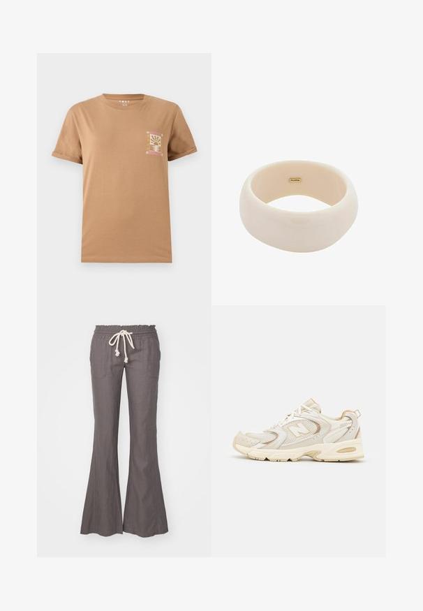 Brown cotton T-shirt with short sleeves. Features a small, colorful graphic on the left chest area depicting a sunset theme.; Flared, grey linen pants with an elastic waistband and drawstring. Features two front pockets and a smooth texture throughout.; Beige athletic shoes with mesh and synthetic overlays, featuring a textured surface, padded collar, and "ABZORB" cushioning at the heel.; Glossy beige bangle made of smooth resin. Rounded shape with a uniform surface and a small gold logo on the interior.