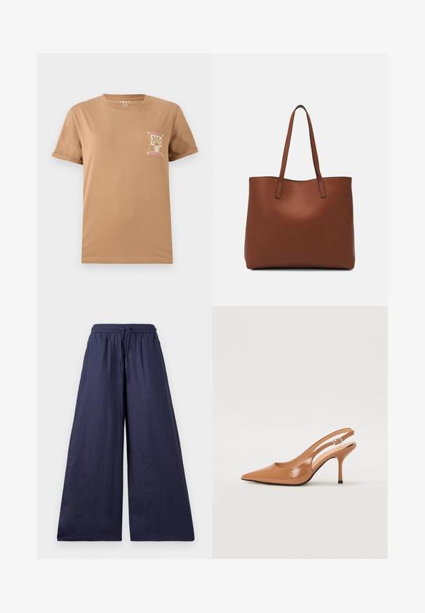Rjava bombažna majica s kratkimi rokavi. Ima majhen, barvit grafični vzorec na levem prsnem delu, ki prikazuje temo sončnega zahoda.; Mornarske široke hlače z elastiko v pasu, detajli za zavezovanje in mehkega, lahkega materiala. Preprost, tekoč dizajn brez okrasnih elementov.; Slinčaste pete z ostro konico v gladkem, sijočem bež materialu. Imajo ukrivljen rez in vitko stiletto peto. Podrobnost s srebrno zaponko.; Rjava usnjena torba z gladko teksturo, odprto zasnovo zgoraj in dvema naramnima trakovoma. Opremljena je z minimalnim šivanjem in brez vidnih kovinskih delov.