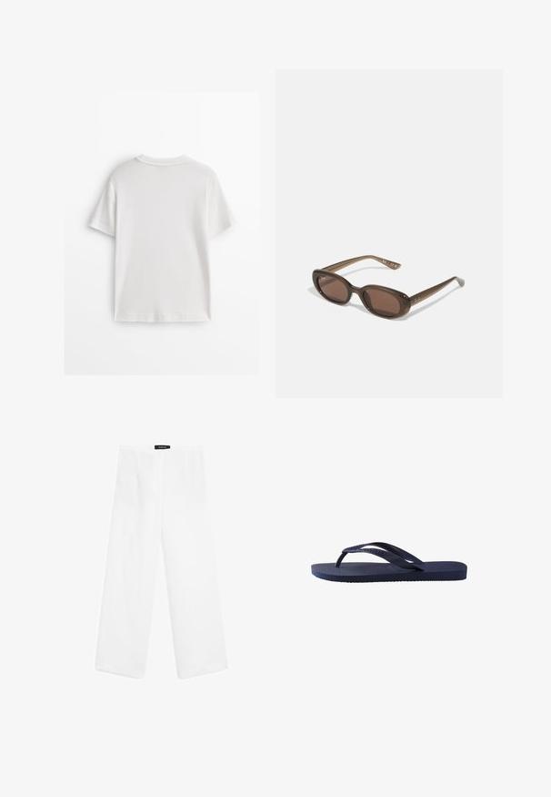 Maglietta bianca a maniche corte realizzata in cotone morbido, con scollo rotondo e un design semplice e pulito senza motivi o grafiche.; Pantaloni bianchi in lino a gamba larga con una texture liscia, caratterizzati da una vita media, due tasche frontali e un design semplice.; Infradito blu navy con cinturini e suola in gomma testurizzata, caratterizzati da un motivo ondulato sui cinturini e un plantare piatto e rigato.; Occhiali da sole ovali marroni con lenti scure. La montatura è realizzata in un materiale marrone trasparente e presenta un logo stampato sulle tempie.; Borsa a tote in suede marrone con due manici, forma rettangolare ampia e design minimalista. Texture morbida con finitura liscia.