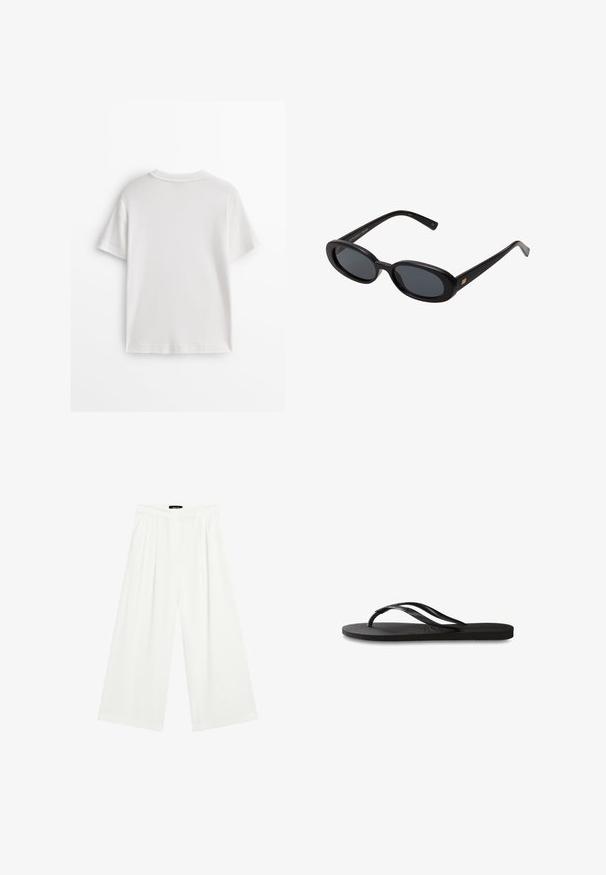 Weißes T-Shirt mit kurzen Ärmeln aus weicher Baumwolle, mit rundem Ausschnitt und einem schlichten, klaren Design ohne Muster oder Grafiken.; Weite Hosen aus weißem Stoff mit vorderen Falten, flachem Bund und entspannter Passform. Glatte Textur und keine sichtbaren Muster.; Schwarze Flip-Flops mit einer strukturierten Gummisohle, zwei schlanken Riemen und einem dezenten, geprägten Logo-Detail auf dem Riemen.; Schwarze, oversized Sonnenbrillen mit ovalen Gläsern, glattem Kunststoffrahmen und goldenen Akzenten an den Bügeln. Die dunklen Gläser bieten Sonnenschutz.