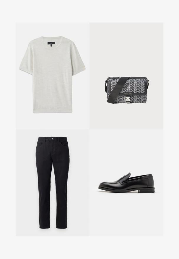 rag & bone AULTON TEE - Camiseta básica - ivory; Pantalones de algodón negros con un diseño de pierna recta, que cuentan con un cierre de botón, dos bolsillos frontales y una textura suave.; Mocasines de cuero negro con una textura suave, puntera redondeada y una tira decorativa en el empeine. Tacón bajo apilado, diseño minimalista.; Bolso bandolera de patrón negro y gris con un diseño geométrico, cierre con cremallera y un detalle de hardware en tono plateado. Incluye una correa ajustable.