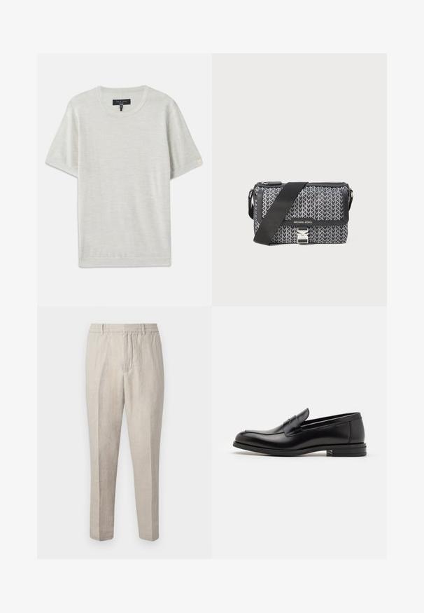 rag & bone AULTON TEE - T-Shirt basic - ivory; Helle beige Leinenhose mit entspanntem Schnitt, mit einer Kordelzug-Taille, schmal zulaufenden Beinen und subtiler Textur im gesamten Stoff.; Schwarze Lederloafers mit glatter Textur, rundem Zehenbereich und einem dekorativen Riemen über dem Vorderfuß. Niedriger, gestapelter Absatz, minimalistisches Design.; Schwarz- und grau gemusterte Umhängetasche mit geometrischem Design, Reißverschluss und silberfarbener Hardware-Akzent. Verstellbarer Gurt inklusive.