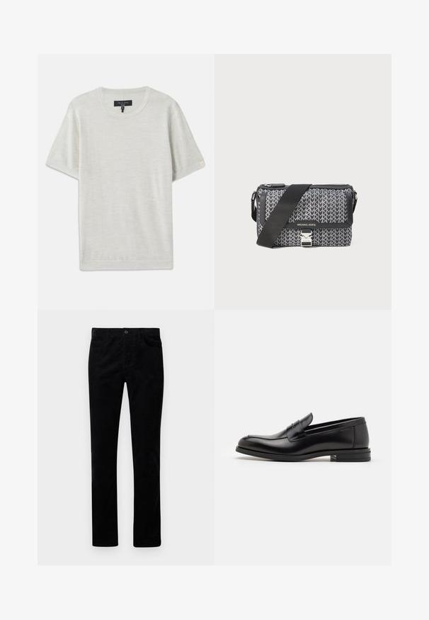 rag & bone AULTON TEE - Basic póló - ivory; Fekete kordbársony nadrág egyenes lábbal, elülső zsebekkel és fém gombos záródással. Puha tapintású, függőleges bordázással.; Fekete bőr loaferek sima textúrával, kerek orral és dekoratív pánttal a vampnál. Alacsony, rétegelt sarkú, minimalista dizájn.; Fekete és szürke mintázatú keresztbody táska, geometrikus designnal, cipzáros záródással és ezüstszínű fém kiegészítőkkel. Állítható pánt is tartozik hozzá.