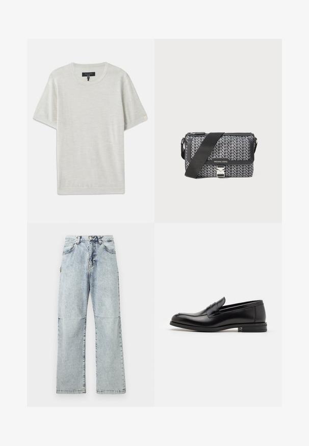 rag & bone AULTON TEE - Basic póló - ivory; Világoskék farmernadrág laza szabással, kopott hatással, öt zsebbel és gombos derékrésszel. Lapos varrásokkal és széles lábakkal.; Fekete bőr loaferek sima textúrával, kerek orral és dekoratív pánttal a vampnál. Alacsony, rétegelt sarkú, minimalista dizájn.; Fekete és szürke mintázatú keresztbody táska, geometrikus designnal, cipzáros záródással és ezüstszínű fém kiegészítőkkel. Állítható pánt is tartozik hozzá.