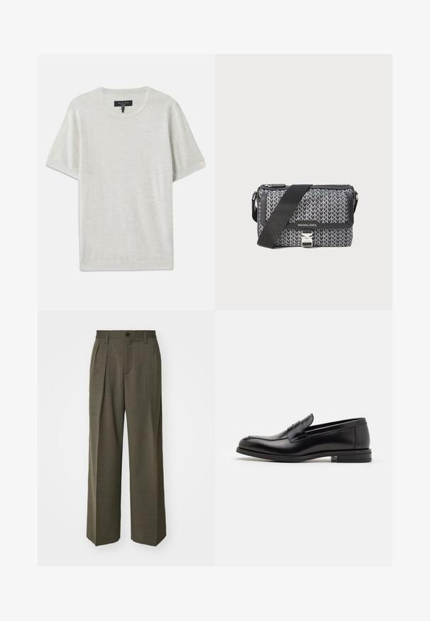 rag & bone AULTON mleczny; Filippa K - Spodnie materiałowe; Czarne skórzane mokasyny o gładkiej fakturze, zaokrąglonym nosku i dekoracyjnym pasku na przodzie. Niski, warstwowy obcas, minimalistyczny design.; Czarna i szara torebka na ramię z wzorem geometrycznym, z zamknięciem na zamek błyskawiczny oraz akcentami w srebrnym kolorze. Zawiera regulowany pasek.