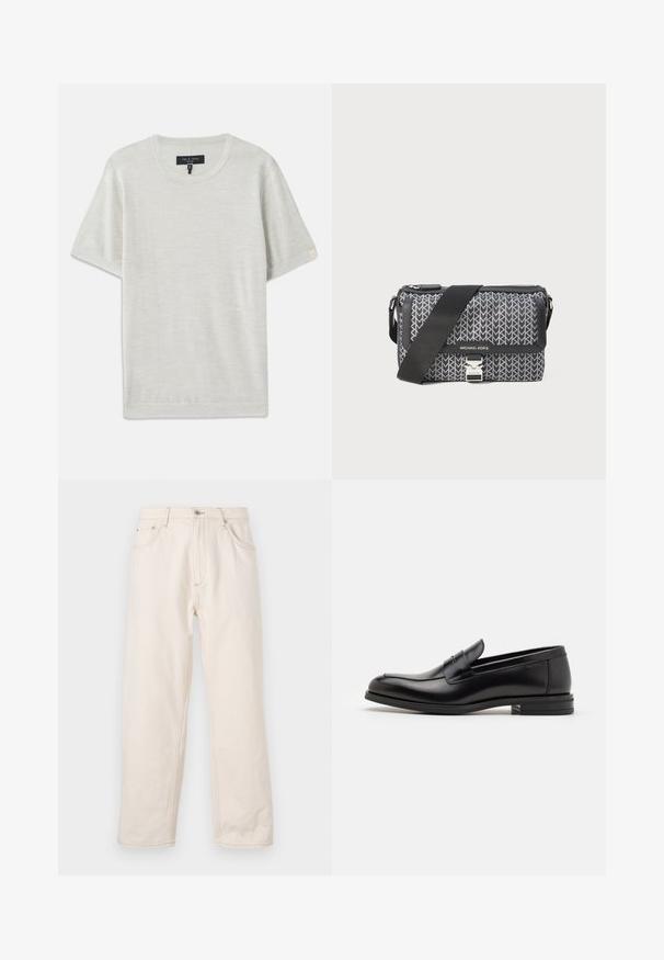 rag & bone AULTON TEE - T-shirts basic - ivory; Beige lige jeans i denim med knaplukning, fem lommer og synlige syninger. Glat tekstur.; Sorte læderloafers med en glat overflade, rund tå og en dekorativ strop over vampen. Lav hæl med stabeldesign, minimalistisk stil.; Sort og grå mønstret crossover taske med et geometrisk design, lynlåslukning og en hardware i sølvfarve. Justerbar rem inkluderet.