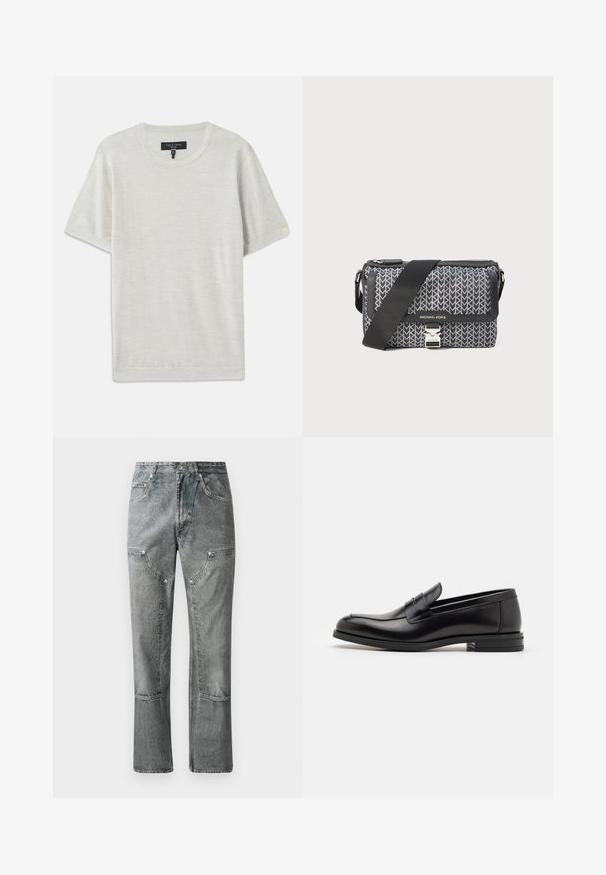 rag & bone AULTON TEE - Basic T-shirt - ivory; Gray denim jeans with a straight cut, featuring front pockets, visible stitching, and a faded finish. Material has a smooth texture.; Black leather loafers with a smooth texture, rounded toe, and a decorative strap across the vamp. Low stacked heel, minimalist design.; Black and gray patterned crossbody bag featuring a geometric design, zip closure, and a silver-tone hardware accent. Adjustable strap included.