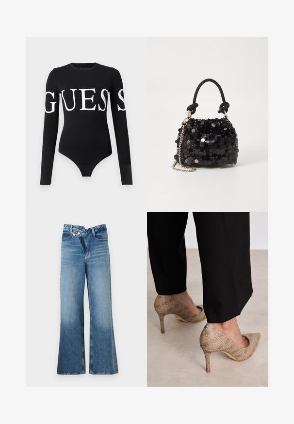 Schwarzer Langarm-Body mit einem großen weißen "GUESS"-Logo auf der Vorderseite. Hergestellt aus weichem, dehnbarem Stoff mit einer figurbetonten Silhouette.; Helle, blaue Jeans mit weit ausgestellt Bein und hoher Taille, ausgestattet mit zwei Knöpfen und vorderen Taschen. Der Stoff hat eine ausgewaschene Textur mit subtilen Variationen.; Beige High Heels aus strukturiertem Stoff mit einem sich wiederholenden Muster. Spitz zulaufendes Design mit einer Rückenausschnitt und goldenen Absatz.; Schwarze Pailletten-Mini-Handtasche mit einem geknoteten, strukturierten Tragegurt und einer silbernen Kette. Abgerundete Form mit gerafftem oberen Teil und reflektierenden Details.
