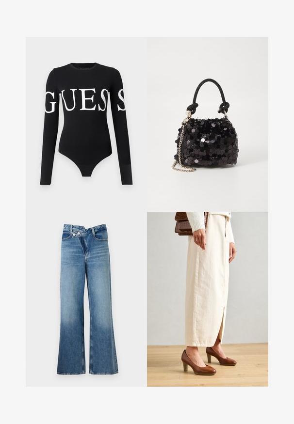 Bodysuit negro de manga larga con un gran logo blanco de "GUESS" en la parte frontal. Fabricado en una tela suave y elástica con una silueta ajustada.; Jeans de mezclilla azul claro acampanados con cintura alta, que cuentan con dos botones y bolsillos frontales. La tela tiene una textura desteñida con variaciones sutiles.; Zapatos de tacón marrón con punta redondeada, combinados con una falda larga de color crema que muestra una abertura frontal, y un bolso marrón texturizado.; Bolso de mano mini negro con lentejuelas, con una correa de textura anudada y cadena plateada. Forma redondeada con parte superior fruncida y detalles reflectantes.