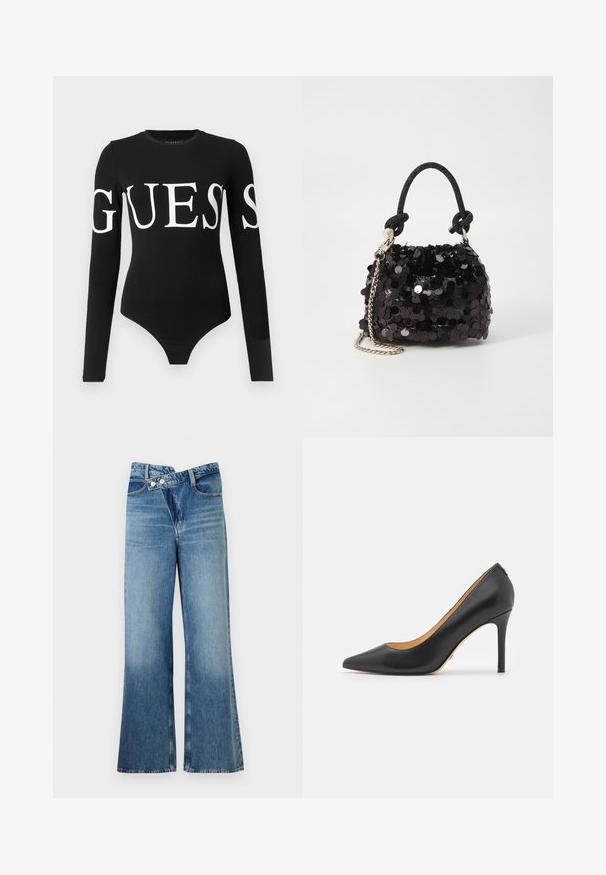 Bodysuit negro de manga larga con un gran logo blanco de "GUESS" en la parte frontal. Fabricado en una tela suave y elástica con una silueta ajustada.; Jeans de mezclilla azul claro acampanados con cintura alta, que cuentan con dos botones y bolsillos frontales. La tela tiene una textura desteñida con variaciones sutiles.; Zapatos de tacón alto de cuero negro con punta afilada y tacón de aguja, que presentan una textura suave y un diseño minimalista. Interior forrado en color beige.; Bolso de mano mini negro con lentejuelas, con una correa de textura anudada y cadena plateada. Forma redondeada con parte superior fruncida y detalles reflectantes.