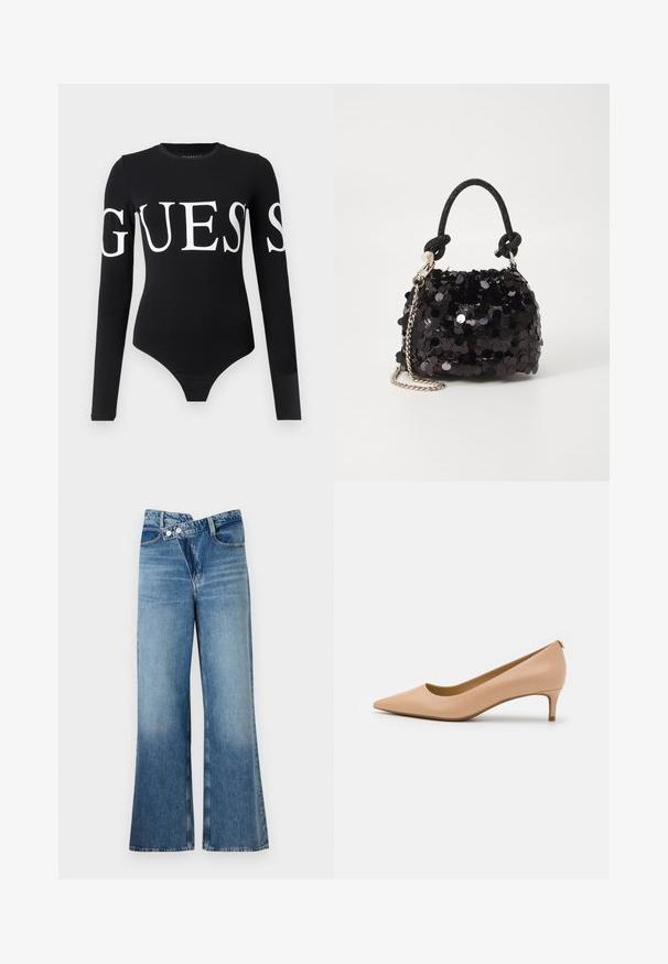 Body negru cu mâneci lungi, având un logo alb mare "GUESS" pe partea din față. Fabricat dintr-un material moale și elastic, cu o siluetă ajustată.; Jeans din denim albastru deschis, cu fason evazat și talie înaltă, având două butoane și buzunare frontale. Materialul are o textură decolorată cu variații subtile.; Pantofii cu vârf ascuțit, din piele bej deschis, cu toc mic, suprafață netedă și design minimalist, având un detaliu subtil la spate.; Geantă mini neagră cu paiete, cu un umar texturat înnodat și un lanț argintiu. Formă rotundă cu partea de sus adunată și detalii reflectorizante.
