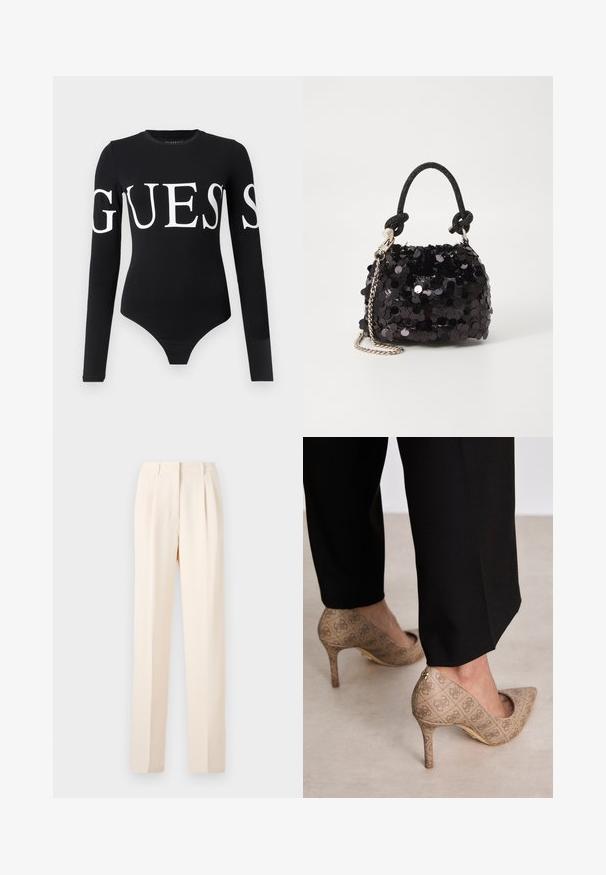 Juodas ilgas rankoves bodysuit'as, kuriame didelis baltas "GUESS" logotipas per visą priekį. Pagamintas iš minkštos, elastingos medžiagos su prigludusia siluetu.; Smėliniai pritaikyti kelnių modeliai su raukšlėmis, pasižymintys tiesia kirpimo forma ir lygiu paviršiumi. Juostos viršus yra švarus, be matomų detalių.; Smėliniai aukštakulniai bateliai su tekstūruotu audiniu, kuriame yra pasikartojanti tekstūra. Išgaubtas pirštas, su užpakaline akcentu ir auksiniu kulno detaliu.; Juodas blizgučių mini rankinukas su mazguotu tekstūruotu dirželiu ir sidabro grandine. Suapvalinta forma su susiraukšlėtopu ir atspindinčiomis detalėmis.