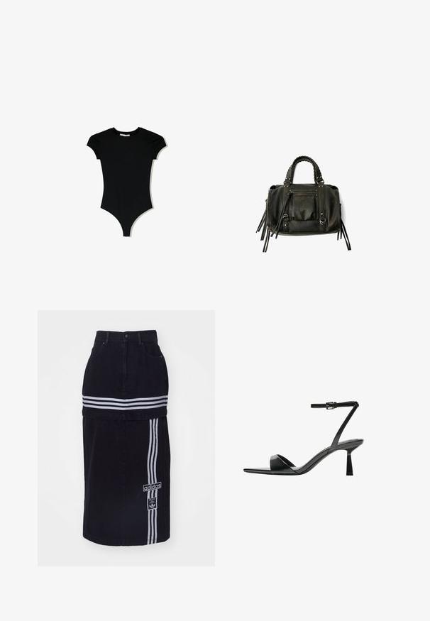 Črna bodi majica s kratkimi rokavi in okroglim izrezom, z visokimi odprtinami za noge, izdelana iz gladkega, elastičnega materiala.; Črna jeans krila z visokim pasom, z dvema belima vodoravnima črtama, oznako Adidas na strani in ravnim krojem.; Bershka Sandali z visoko peto - black; Črna usnjena torba s pletenimi ročaji, žepom na zadrgo in visečimi resicami. Teksturična površina z kovinskimi okrasnimi studenčki in dodatki iz kovine.