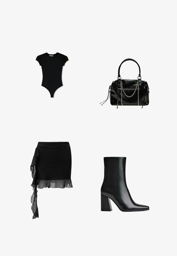 Sort kortærmet bodysuit med rund halsudskæring og højt skårne benåbninger, lavet af et glat, strækbart stof.; Sort nederdel med et tætsiddende design, der har et gennemsigtigt flæse-detalje, der asymmetrisk hænger fra taljen til kanten. Glat tekstur.; Sort læder ankelstøvle med spids tå og høj blokhæl. Glat tekstur med en slank silhuet og et solidt basedesign.; Bershka WITH CHAIN - Håndtasker - black