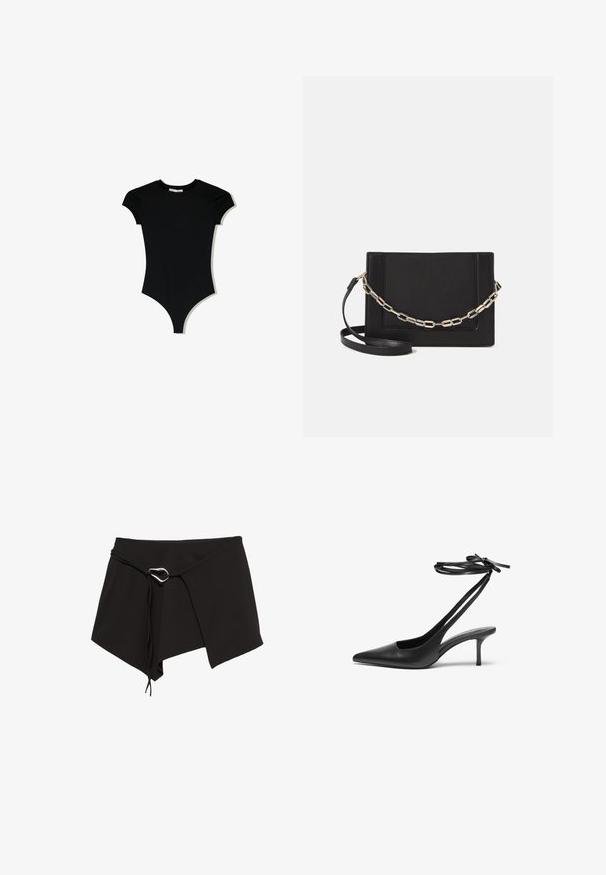Crni bodysuit kratkih rukava s okruglim izrezom i visokim izrezima na nogavicama, napravljen od glatkog, rastezljivog materijala.; Crna suknja s omotom, izrađena od mekanog materijala, s dijagonalnim rezom, podesivim vezanjem s srebrnim detaljem i asimetričnom ovalnom rubom.; Crne kožne štikle s šiljastim vrhom, otvorenim leđima i remenčićima koji su vezani u mašnu. Tanak potplat visine 7,5 cm. Glatka tekstura, minimalistički dizajn.; Crna kožna torba preko tijela s glatkom teksturom, pravokutnim oblikom i metalnim lancem na prednjoj strani. Uključena je podesiva naramenica.