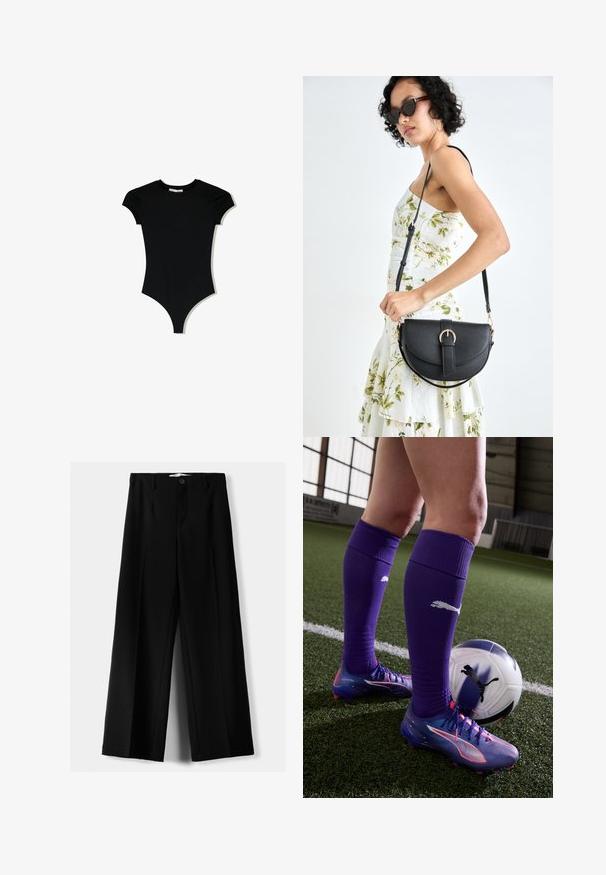 Zwart short-sleeve body met een ronde halslijn en hoge beenopeningen, gemaakt van een gladde, rekbare stof.; Zwarte wijde broek van lichtgewicht stof, met een knoopsluiting aan de voorkant en een vlakke achterkant, afgewerkt met keurig gestikte zoom.; Paarse voetbalsokken en kleurrijke voetbalschoenen met een gradient ontwerp staan naast een wit en blauwe voetbal met een zwart logo.; Zwarte leren handtas met een gebogen vorm, afneembare schouderband en gouden hardware. De tas heeft een klep met een gespsluiting.