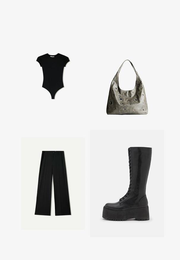 Body negru cu maneci scurte, guler rotund și decupaje înalte pe picioare, fabricat dintr-un material neted și elastic.; Bershka WIDE - Pantaloni - black; Zign LEATHER - Cizme cu șireturi - black; Geantă din piele de culoare verde măslin, cu un design relaxat, având decupaje circulare de diverse dimensiuni și accente în nuanțe mai închise și mai clare.