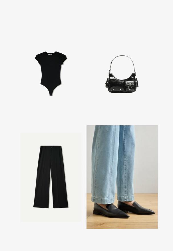 Body corto nero a maniche corte con scollatura tonda e aperture laterali alte, realizzato in un tessuto liscio e elasticizzato.; Bershka WIDE - Pantaloni - black; Scarpe in pelle nera con punta affilata e Design slip-on, abbinate a jeans a gamba larga blu chiaro, su un pavimento di legno.; Borsa a spalla in vernice nera con forma curvata, una tracolla, tasche frontali e dettagli in metallo argentato.