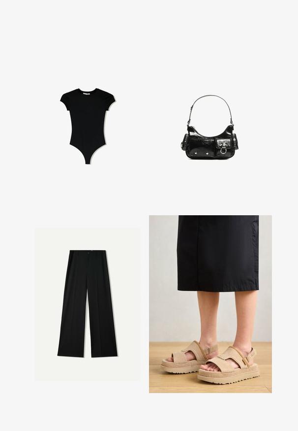 Bodysuit noir à manches courtes avec un col rond et des ouvertures de jambe hautes, fabriqué à partir d'un tissu lisse et extensible.; Bershka WIDE - Pantalon classique - black; Sandales en suede beige avec un design à bout ouvert, une semelle épaisse et une sangle ajustable. Présente des accents cousus et une surface texturée.; Sac à main en cuir verni noir avec une forme incurvée, une bandoulière, des poches avant et des accents en métal argenté.