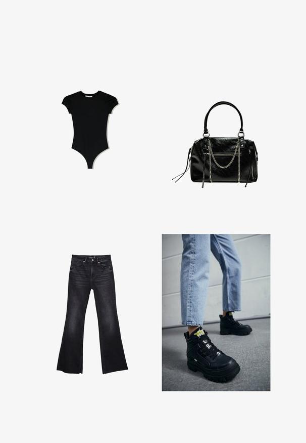 Černý body s krátkým rukávem, kulatým výstřihem a vysokými rozparky na nohavicích, vyrobený z hladkého, elastického materiálu.; Černé rozšířené džíny vyrobené z denimu s jemně vybledlou texturou. Mají přední kapsy, zipový rozkrok a viditelné švy.; Černé vysoké tenisky se silnou podrážkou, s tkaničkovým designem, logovými akcenty a žlutými štítky. Kombinované se světle modrými zkrácenými džíny.; Bershka WITH CHAIN - Kabelka - black