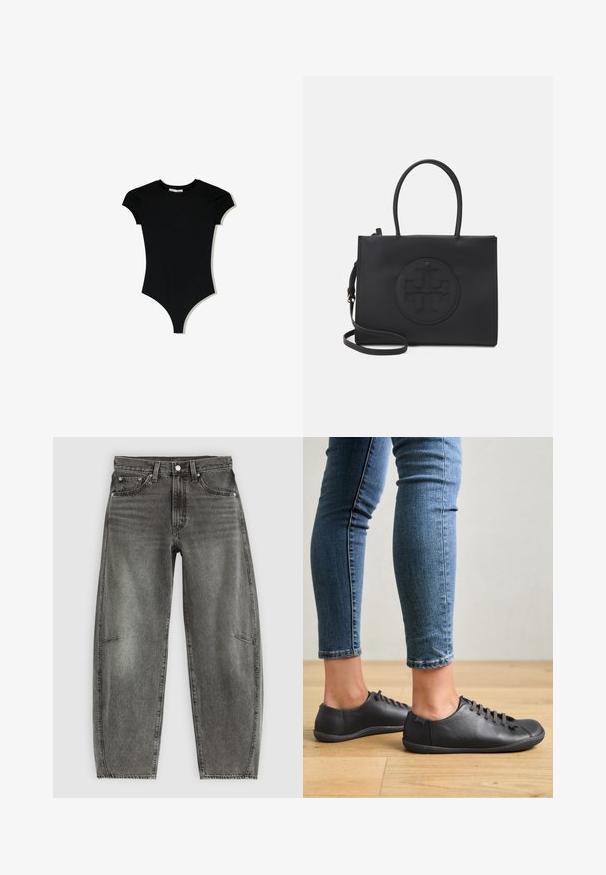 Schwarzer Kurzarm-Body mit rundem Ausschnitt und hochgeschnittenen Beingrößen, aus einem glatten, dehnbaren Stoff gefertigt.; Hochtaillierte, grau gewaschene Jeans aus Denim mit fünf Taschen, Knopfverschluss und einer lässigen, geraden Passform.; Schwarze Lederschuhe mit runder Zehenform, niedrigem Profil und schnürbarem Design. Kombiniert mit blauen, enganliegenden Jeans und einem Holzboden im Hintergrund.; Schwarze Handtasche aus glattem Material mit doppelten Griffen, einem abnehmbaren Schulterriemen und einem runden, geprägten Logodetail auf der Vorderseite.