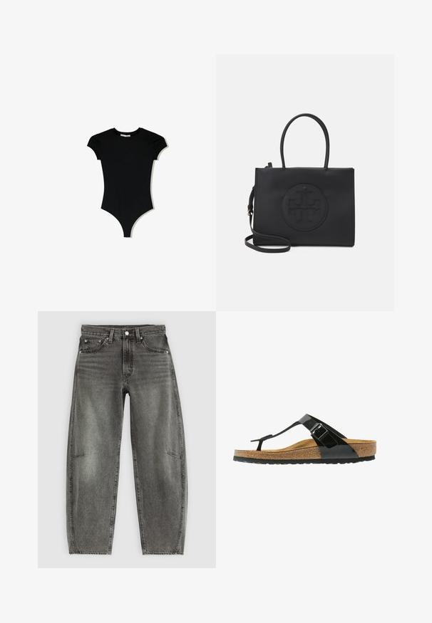 Schwarzer Kurzarm-Body mit rundem Ausschnitt und hochgeschnittenen Beingrößen, aus einem glatten, dehnbaren Stoff gefertigt.; Hochtaillierte, grau gewaschene Jeans aus Denim mit fünf Taschen, Knopfverschluss und einer lässigen, geraden Passform.; Schwarze Lack-Flip-Flop-Sandale mit verstellbarem Schnallenverschluss, Korkfußbett und Gummisohle. Sie zeichnet sich durch ein elegantes Design mit strukturiertem Fußbett aus.; Schwarze Handtasche aus glattem Material mit doppelten Griffen, einem abnehmbaren Schulterriemen und einem runden, geprägten Logodetail auf der Vorderseite.