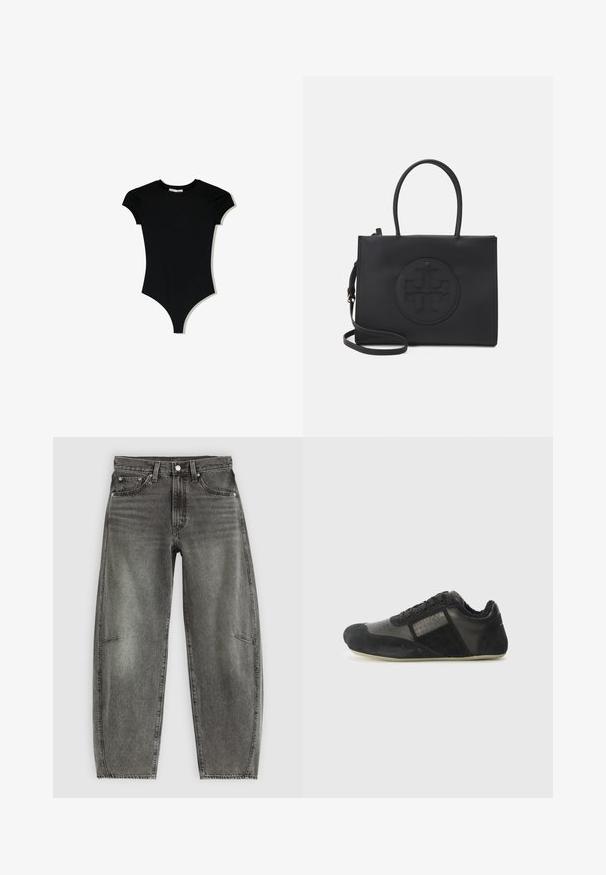Czarny bodysuit z krótkim rękawem, o okrągłym dekolcie i wysokich wycięciach na nogawkach, wykonany z gładkiego, elastycznego materiału.; Jeansy z wysokim stanem w szarym, przecieranym deninie z pięcioma kieszeniami, zapięciem na guzik i luźnym prostym krojem.; Czarne buty sportowe wykonane z materiałów zamszowych i skórzanych. Posiadają zaokrąglony czubek, sznurowanie, teksturowane akcenty oraz elastyczną podeszwę.; Czarna torebka wykonana z gładkiego materiału z podwójnymi uchwytami, odpinanym paskiem na ramię i okrągłym wytłoczonym logo na przodzie.