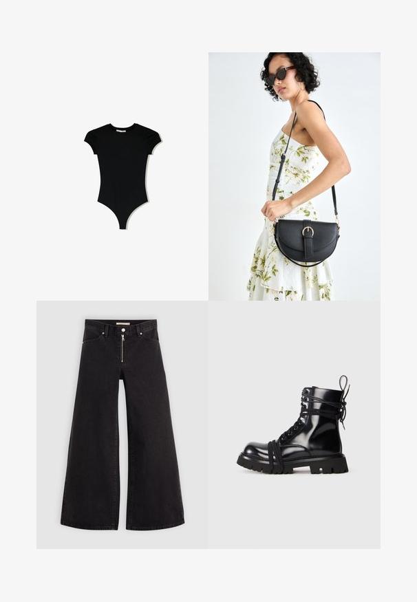 Body corto nero a maniche corte con scollatura tonda e aperture laterali alte, realizzato in un tessuto liscio e elasticizzato.; Jeans a gamba larga in denim nero con chiusura a zip, design a cinque tasche e dettagli di cucitura sottili. Texture morbida e stile casual.; Stivale in pelle verniciata nera con suola spessa, punta arrotondata e dettagli con lacci. Presenta lacci avvolti e un'appiglio sul tallone.; Borsa a tracolla nera in pelle con una forma curva, manico rimovibile e accessori dorati. La borsa presenta una patta con un dettaglio a fibbia.