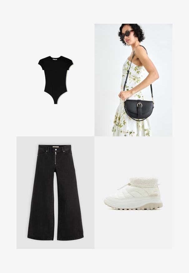 Čierny body s krátkym rukávom a okrúhlym výstrihom, s vysokými výstrihmi na nohách, vyrobený z hladkej, elastickej látky.; Dlhé nohavice vo voľnom strihu z čierneho denimu so zipsom vpredu, päť vrecúškovým dizajnom a jemnými stehovými detailmi. Hladká textúra a neformálny štýl.; Biele prešívané čižmy do polovice lýtok s umelou kožušinou na golieri, elastickým šnurovaním a hrubou gumovou podrážkou s hlbokými drážkami pre lepšiu priľnavosť.; Čierna kožená kabelka s zaobleným tvarom, odnímateľným popruhom a zlatými doplnkami. Kabelka má klopu s detailom s prackou.