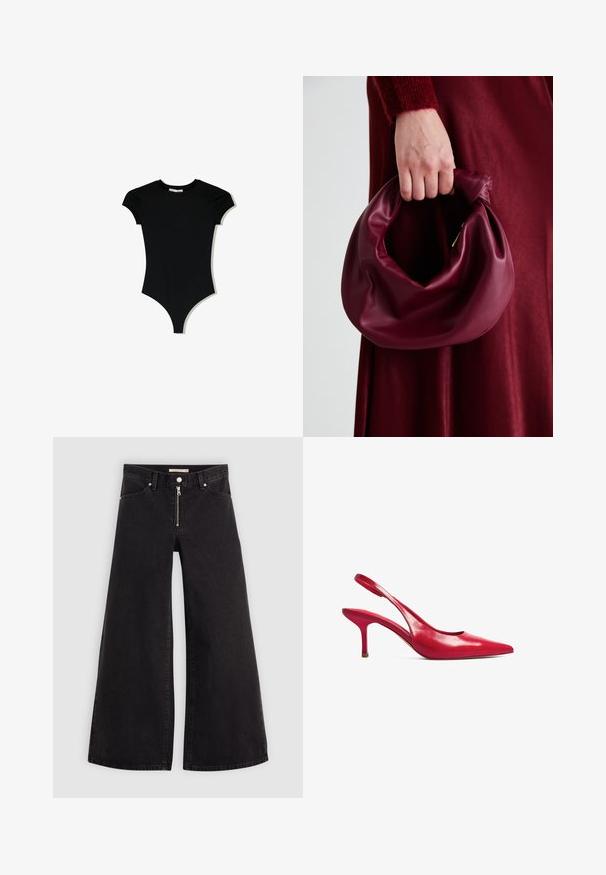 Black short-sleeve bodysuit with a rounded neckline and high-cut leg openings, made from a smooth, stretchy fabric.; Wide-leg jeans in black denim with a zippered front, five-pocket design, and subtle stitching details. Smooth texture and casual style.; Red leather slingback heels with a pointed toe and a thin heel. Smooth texture with a minimalistic design and a cutout at the heel.; Burgundy leather handbag with a soft, gathered design and a rounded shape. The handle is secured, showcasing a smooth texture.
