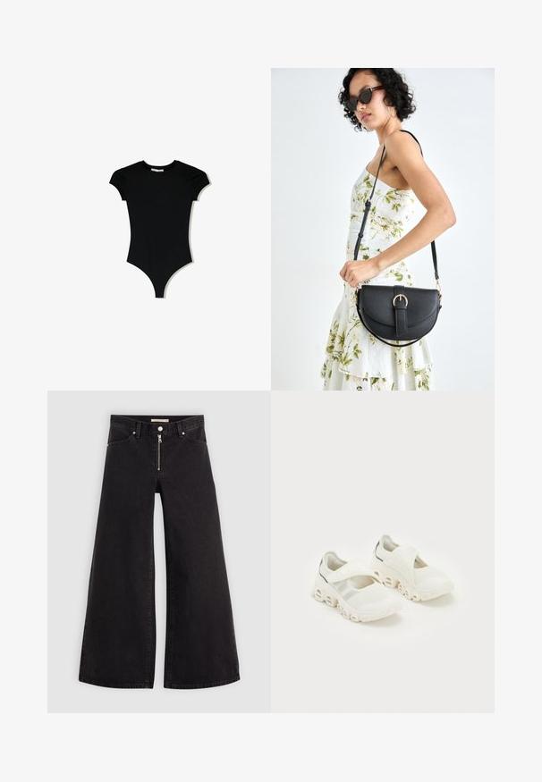 Crni bodysuit kratkih rukava s okruglim izrezom i visokim izrezima na nogavicama, napravljen od glatkog, rastezljivog materijala.; Široke traperice od crnog denima s prednjim zatvaračem, dizajnom s pet džepova i suptilnim detaljima šivanja. Glatka tekstura i ležeran stil.; Bijele mrežaste atletske cipele s kopčanjem na remen, podloženom potporom za gležnjeve i prepoznatljivim zakrivljenim dizajnom potplata s šupljim dijelovima.; Crna kožna torba s lukovitim oblikom, odvojivim remenom i zlatnim detaljima. Torba ima preklop s kopčom.