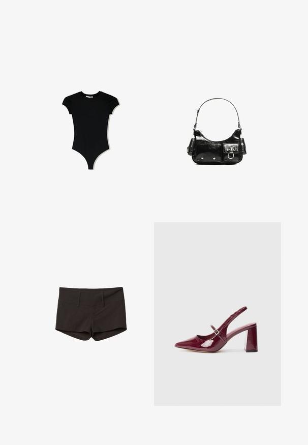 Czarny bodysuit z krótkim rękawem, o okrągłym dekolcie i wysokich wycięciach na nogawkach, wykonany z gładkiego, elastycznego materiału.; Czarne bawełniane szorty o dopasowanym kroju, z gładką teksturą i dwiema przednimi kieszeniami. Średnio wysoki stan i brak widocznych wzorów.; Bordowe lakierowane sandały na obcasie w kształcie szpilki z ostrym noskiem i średnim blokowym obcasem. Posiadają klamrę i gładkie, błyszczące wykończenie.; Czarna torebka z lakierowanej skóry o zaokrąglonym kształcie, z jednym paskiem na ramię, przednimi kieszeniami i akcentami w kolorze srebrnym.
