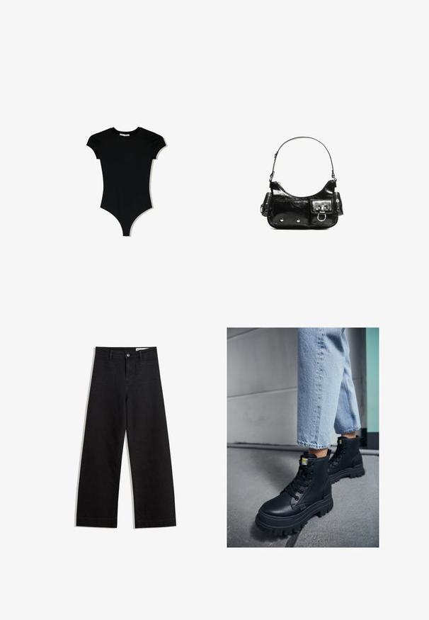 Svart kortärmad bodysuit med rundad halsringning och högskurna benöppningar, tillverkad av ett mjukt, stretchigt material.; Svarta vida denimbyxor med hög midja, med fram- och bakfickor, sydda sömmar och knappstängning. Slät textur.; Svarta höga stövlar med en strukturerad läderfinish, tjock gummisula och svarta snören, i kombination med ljusblå denimjeans med uppvikt fåll.; Svart lackläderhandväska med en rundad form, en axelrem, framfickor och detaljer i silverfärg.
