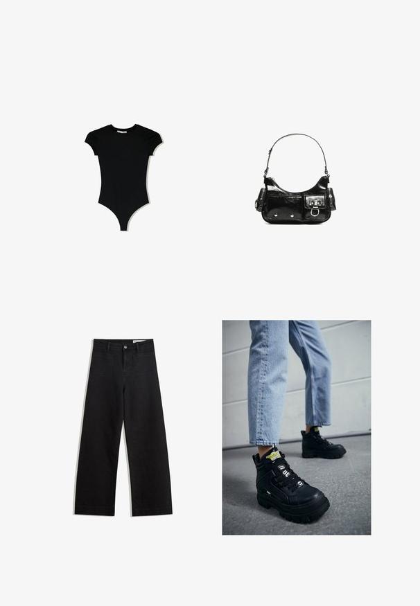 Črna bodi majica s kratkimi rokavi in okroglim izrezom, z visokimi odprtinami za noge, izdelana iz gladkega, elastičnega materiala.; Črne široke denim hlače z visokim pasom, ki imajo sprednje in zadnje žepe, šivane šive ter gumbasto zapiranje. Gladka tekstura.; Črne visoke superge s debelim podplatom, ki imajo vezalni dizajn, poudarke z logotipom in rumene oznake. Nosijo se s svetlo modrimi skrajšanimi hlačami.; Črna lakasta usnjena torbica s ukrivljeno obliko, enim ramenskim trakom, sprednjimi žepi in srebrnimi kovinskimi dodatki.
