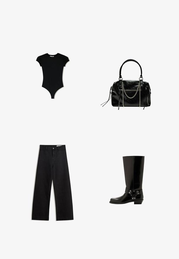 Čierny body s krátkym rukávom a okrúhlym výstrihom, s vysokými výstrihmi na nohách, vyrobený z hladkej, elastickej látky.; Čierne denimové nohavice s širokými nohavicami a vysokým pásom, so prednými a zadnými vreckami, šitými švami a zapínaním na gombík. Hladká textúra.; Čierne gumové čižmy s lesklým povrchom, s dekoratívnym pásikom a kovovými detailmi. Nízky, mierne zaoblený podpätok.; Bershka WITH CHAIN - Kabelka - black