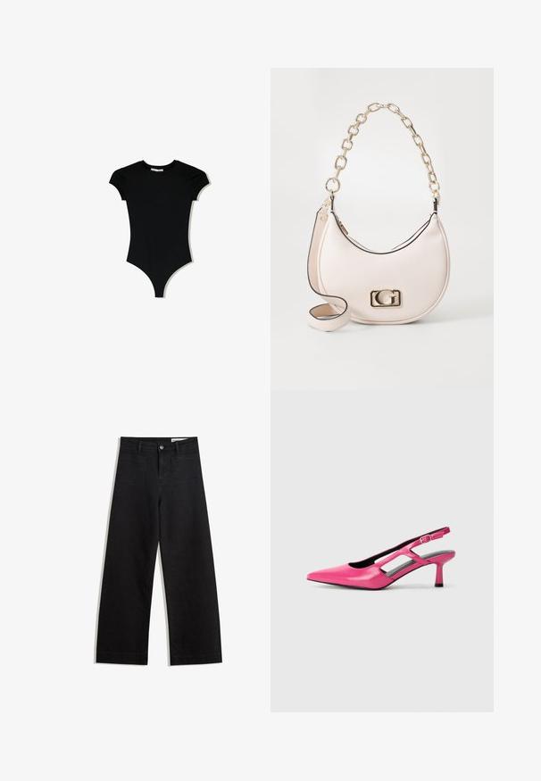 Sort kortærmet bodysuit med rund halsudskæring og højt skårne benåbninger, lavet af et glat, strækbart stof.; Sorte wide-leg denim bukser med høj talje, der har front- og baglommer, syede sømme og en knaplukning. Glat tekstur.; Rosa læder slingback stilet med spids tå, udskæringsdetaljer og en lav hæl. Glat tekstur og justerbar spænde.; Lyserød tekstureret lædertaske med en guldkæde-rem, rund form og et guldlogo-accents foran. Har en ekstra skulderrem.