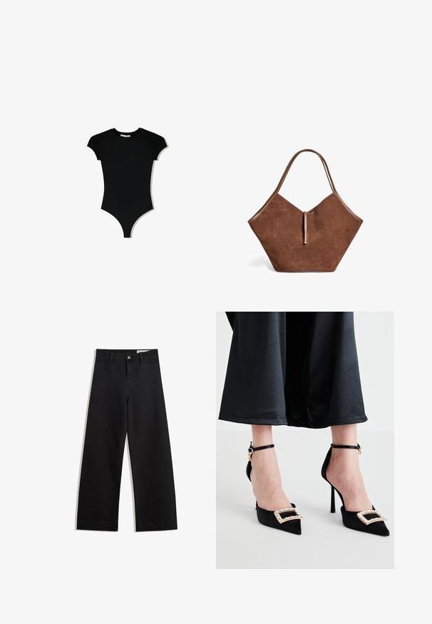 Zwart short-sleeve body met een ronde halslijn en hoge beenopeningen, gemaakt van een gladde, rekbare stof.; Zwarte denim broek met wijde pijpen en een hoge taille, voorzien van voor- en achterzakken, gestikte naden en een knoopsluiting. Gladde textuur.; Zwarte satijnen hoge hakken met spitse neuzen, voorzien van een decoratieve strassgesp en dunne enkelbandjes.; Bruine suède tote bag met leren accenten en een dunnere sluiting, met een zachte, brede en iets hoekige vorm.