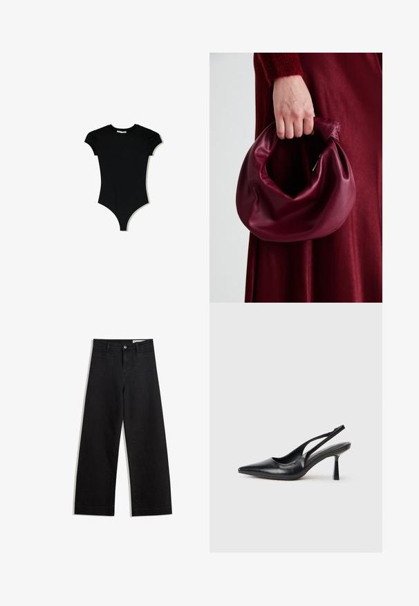 Body negru cu maneci scurte, guler rotund și decupaje înalte pe picioare, fabricat dintr-un material neted și elastic.; Pantaloni din denim negri cu picioare largi, cu talie înaltă, având buzunare frontale și posterioare, cusături dublate și închidere cu nasture. Textură netedă.; Pantofiu cu toc înalt, din piele neagră, cu vârf ascuțit și toc subțire, pe un fundal alb.; Geantă de mână din piele burgundă, cu un design moale și pliat și o formă rotundă. Mânerele sunt securizate, evidențiind o textură netedă.