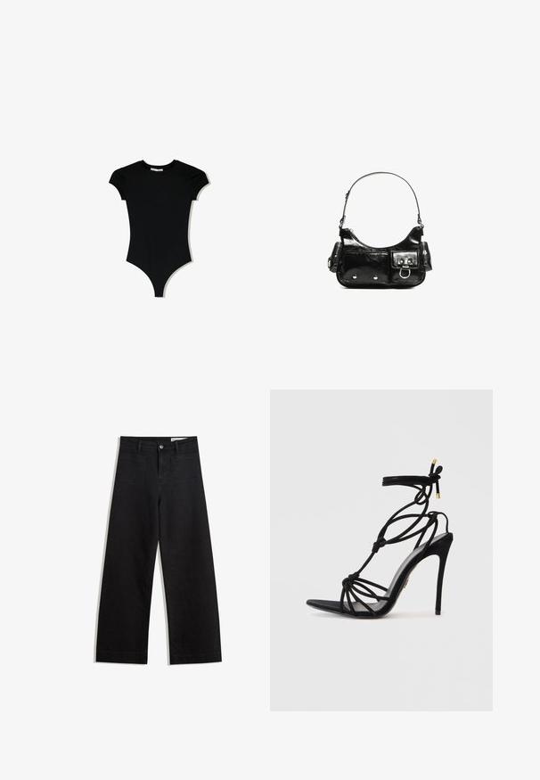 Zwart short-sleeve body met een ronde halslijn en hoge beenopeningen, gemaakt van een gladde, rekbare stof.; Zwarte denim broek met wijde pijpen en een hoge taille, voorzien van voor- en achterzakken, gestikte naden en een knoopsluiting. Gladde textuur.; Zwarte stiletto sandaal met een knoopontwerp, open teen en een slanke hak. Soepele textuur met gouden accenten op de banden.; Zwarte laarzen in lakleer met een gebogen vorm, één schouderband, voorvakken en accenten in zilverkleurig metaal.
