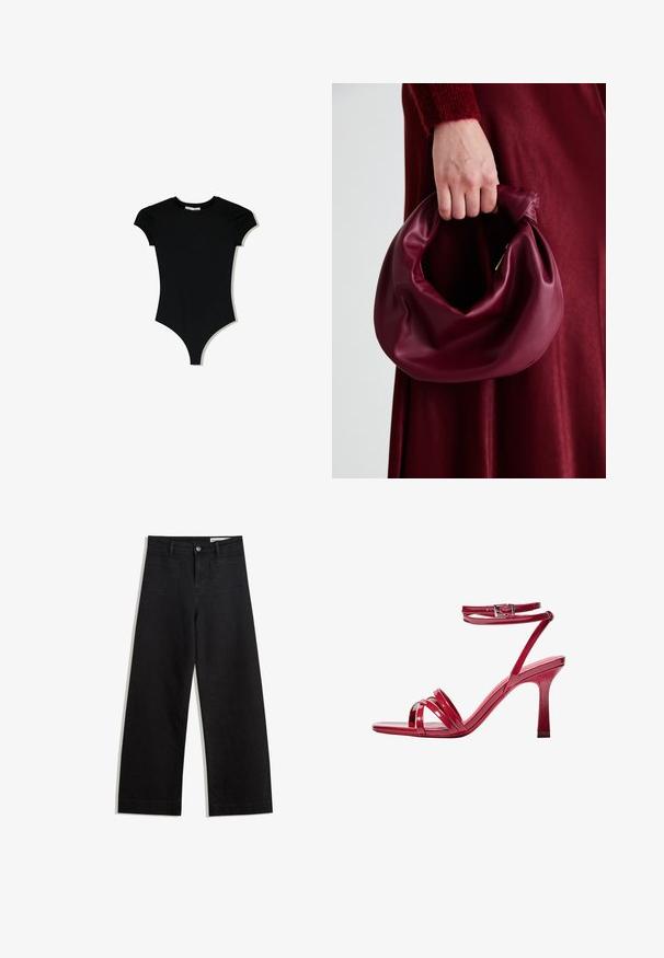 Fekete, rövidujjú bodyn, lekerekített nyakkivágással és magasra vágott lábnyílásokkal, sima, rugalmas anyagból készült.; Fekete, bő szabású farmernadrág magas derékkal, elülső és hátsó zsebekkel, varrott felületekkel és gombos záródással. Sima textúra.; Piros lakkbőr magassarkú szandál, pántos dizájnnal, egyetlen bokapánttal és kúpos sarokkal a stabilitás érdekében.; Burgundi bőrtáska puhán ráncolt dizájnnal és kerek alakban. A fogantyú rögzítve van, sima textúrával rendelkezik.