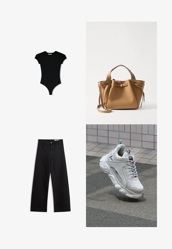 Czarny bodysuit z krótkim rękawem, o okrągłym dekolcie i wysokich wycięciach na nogawkach, wykonany z gładkiego, elastycznego materiału.; Czarne dżinsowe spodnie o szerokich nogawkach i wysokim stanie, z przednimi i tylnymi kieszeniami, przeszyciami oraz zapięciem na guziki. Gładka struktura.; Białe trampki wykonane z siateczki i skóry, z zaokrąglonym noskiem, grubą podeszwą, wyraźnymi sznurowadłami oraz logotypem na pięcie i języku.; Tory Burch ROMY wielbłądzi