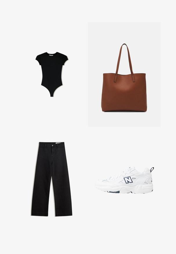 Svart kortärmad bodysuit med rundad halsringning och högskurna benöppningar, tillverkad av ett mjukt, stretchigt material.; Svarta vida denimbyxor med hög midja, med fram- och bakfickor, sydda sömmar och knappstängning. Slät textur.; Vit sportskor med en texturerad läderöverdels, snörning och en marinblå logga. Har en tjock sula och formade detaljer.; Brun läder tote-väska med en slät textur, öppen toppdesign och två axelremmar. Har minimal söm och ingen synlig metalldetalj.