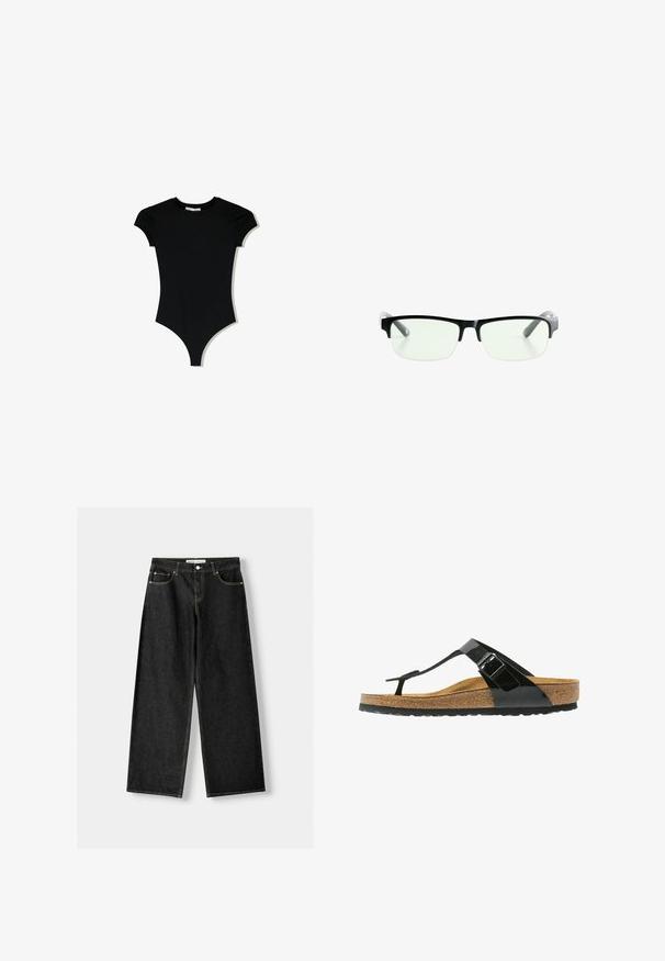 Zwart short-sleeve body met een ronde halslijn en hoge beenopeningen, gemaakt van een gladde, rekbare stof.; Zwarte denim wijde jeans met vijf zakken, metalen knoop en ritsluiting, en contrasterende gele stiksels langs de naden.; Zwarte gepatineerde teenslipper met verstelbare gesp, kurken voetbed en rubberen zool. Beschikt over een slank ontwerp met een textuur in het voetbed.; Zwarte rechthoekige bril met heldere glazen, uitgerust met slanke zwarte monturen en grijs transparante pootjes. Minimalistisch ontwerp, geen zichtbare merknaam.; Zwarte laarzen in lakleer met een gebogen vorm, één schouderband, voorvakken en accenten in zilverkleurig metaal.