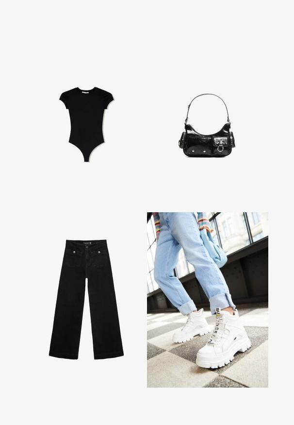 Schwarzer Kurzarm-Body mit rundem Ausschnitt und hochgeschnittenen Beingrößen, aus einem glatten, dehnbaren Stoff gefertigt.; Schwarze, weit geschnittene Jeans mit hoher Taille, die zwei Fronttaschen und metallene Knopfakzente aufweist. Der Stoff hat eine glatte Textur.; Weiße klobige Sneaker mit dicken Sohlen, Schnürung vorne und Markenetikett. Getragen mit hellblauen, hochgekrempelten Jeans auf einem gemusterten Boden.; Schwarze Lackleder-Handtasche mit geschwungenem Design, einem Schulterriemen, Vordertaschen und silberfarbenen Hardware-Akzenten.