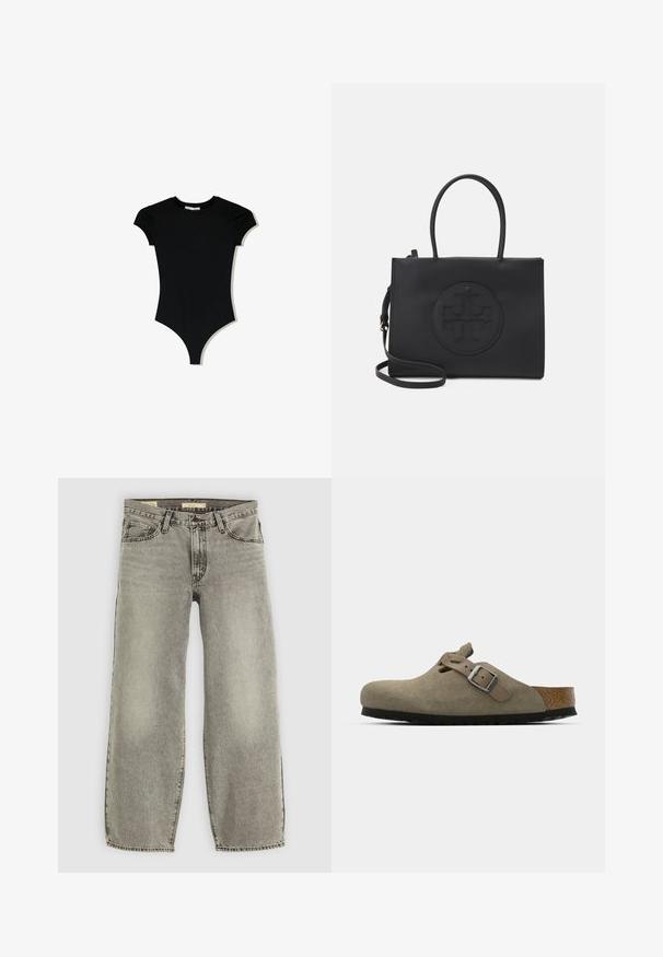 Body negru cu maneci scurte, guler rotund și decupaje înalte pe picioare, fabricat dintr-un material neted și elastic.; Jeans din denim gri deschis, cu picioare largi. Prezintă un stil tradițional cu cinci buzunare și o ușoară decolorare pe întreaga țesătură.; Saboturi din suede de culoare verde măsliniu deschis, cu o talpă din plută și cauciuc modelată. Au o curea laterală cu o cataramă metalică și un vârf rotund.; Geantă neagră din material neted, cu două mânere, o curea de umăr detașabilă și un detaliu rotund cu logo embosat pe partea frontală.